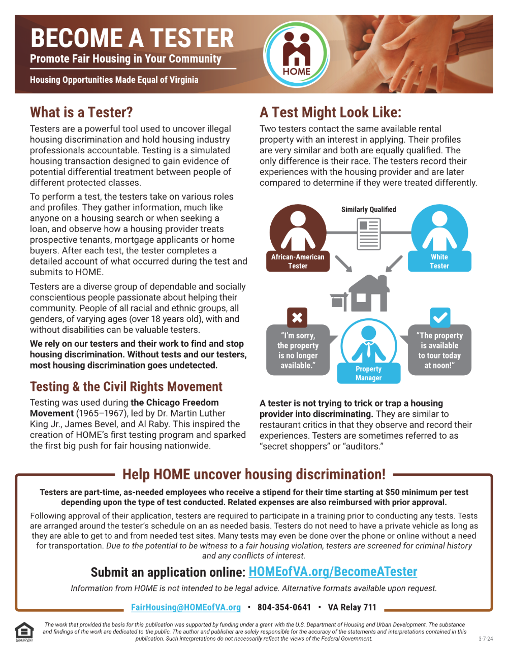 Flyer about how to become a tester with HOME featuring a multiracial group of hands.